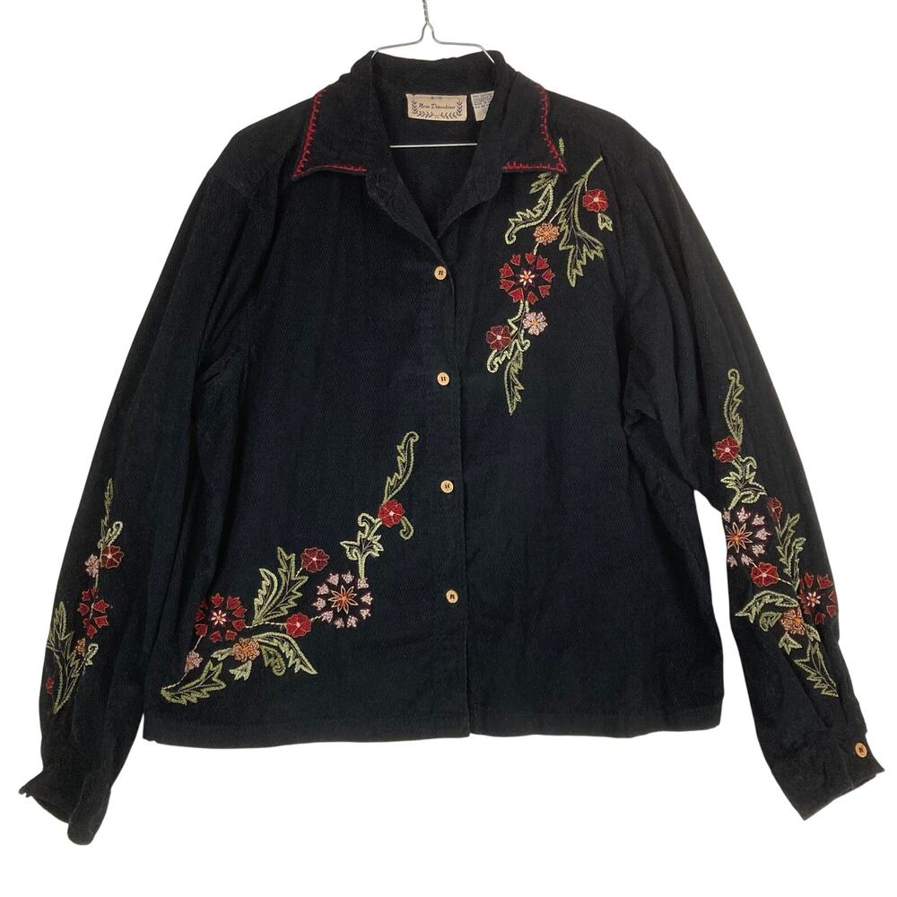 New Directions Button Shirt Womens XL Black Corduroy Floral Embroidery Western